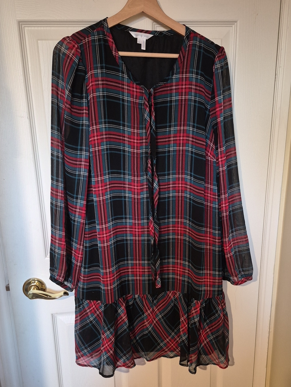 Draper James Plaid Long Sleeve Ruffle Hem Dress - Size L